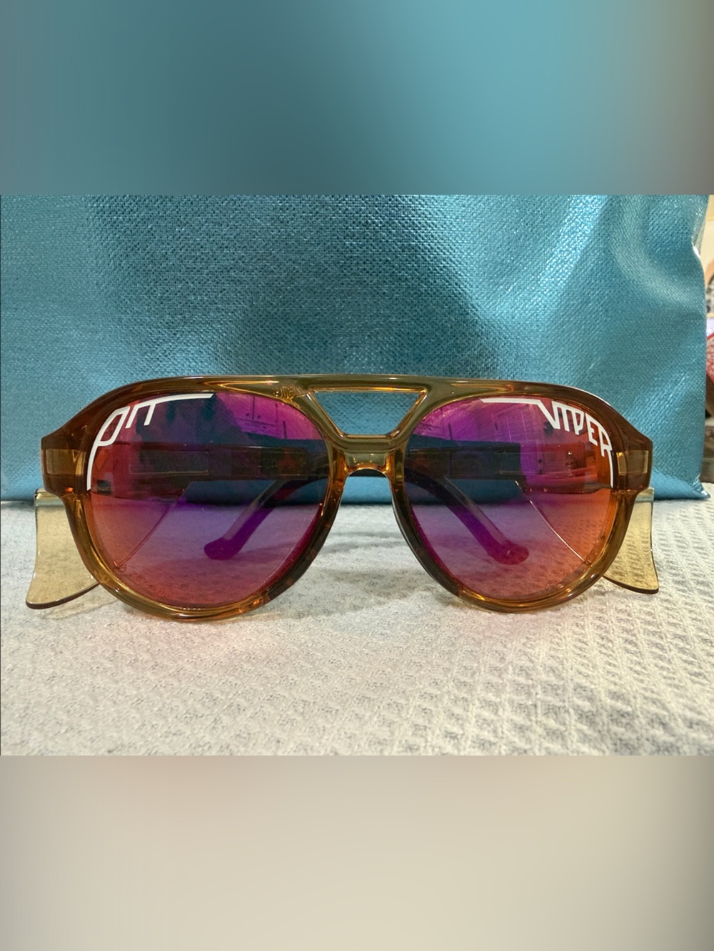 Pit Viper Amber Frame Sunglasses with Purple-Red Mirrored Lenses